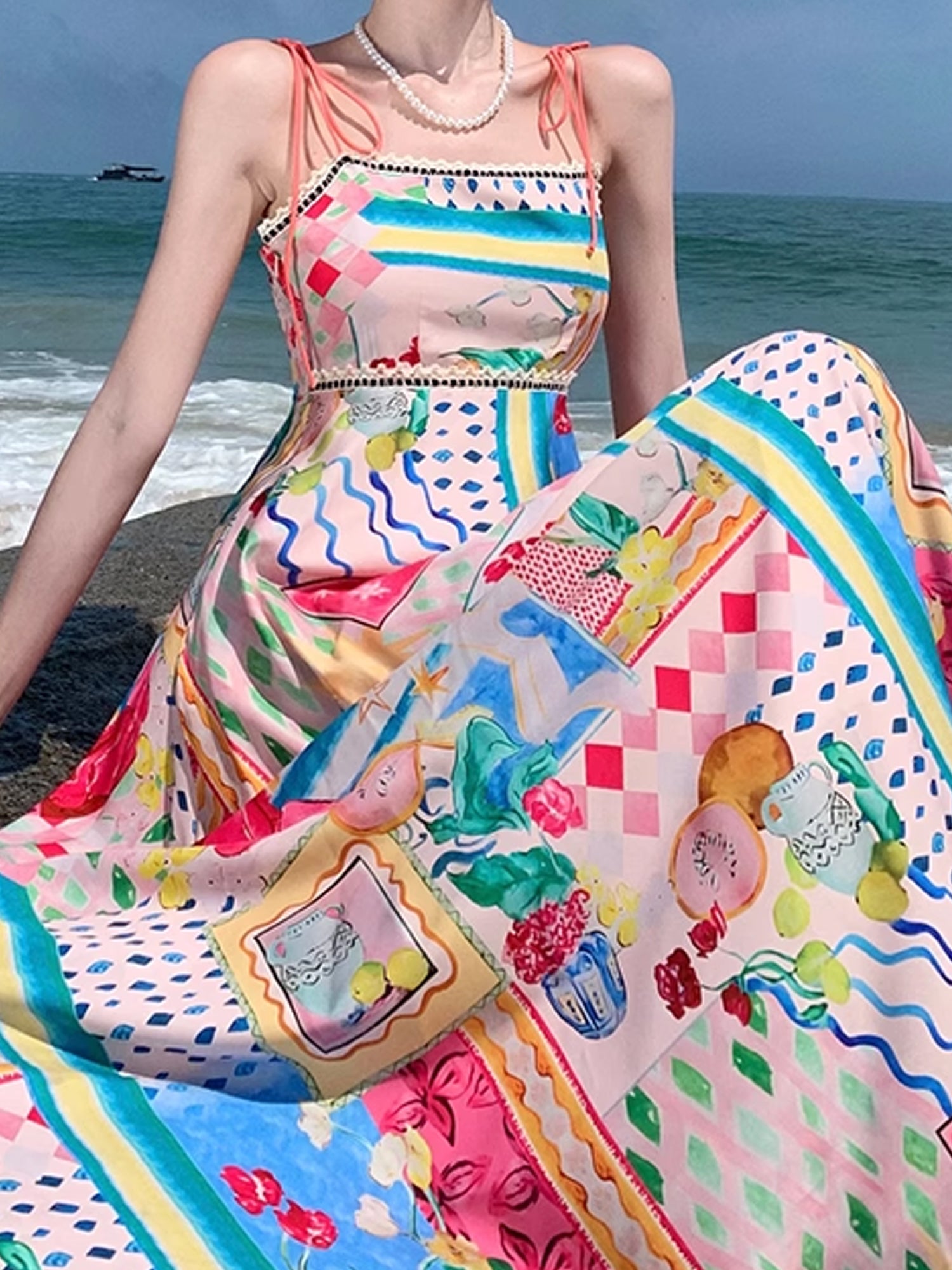 Oil Painting Print Spaghetti Strap Maxi Dress - Sleeveless Boho Sundress XC042
