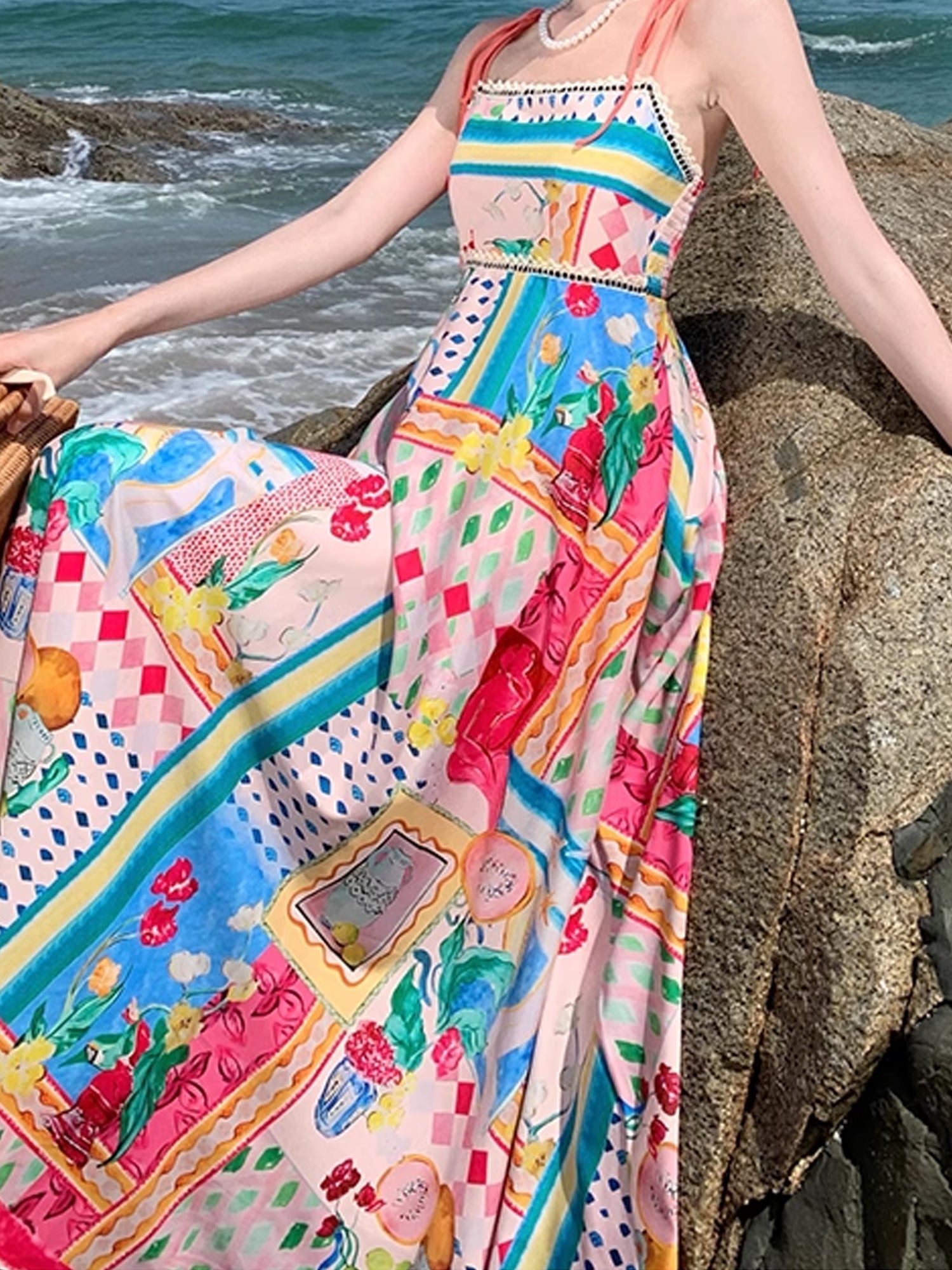 Oil Painting Print Spaghetti Strap Maxi Dress - Sleeveless Boho Sundress XC042