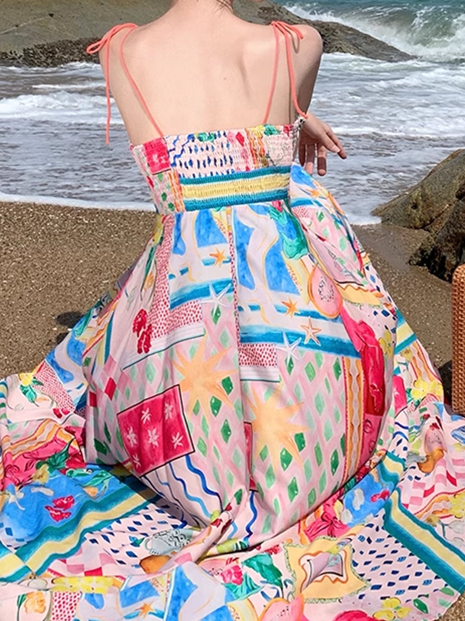 Oil Painting Print Spaghetti Strap Maxi Dress - Sleeveless Boho Sundress XC042