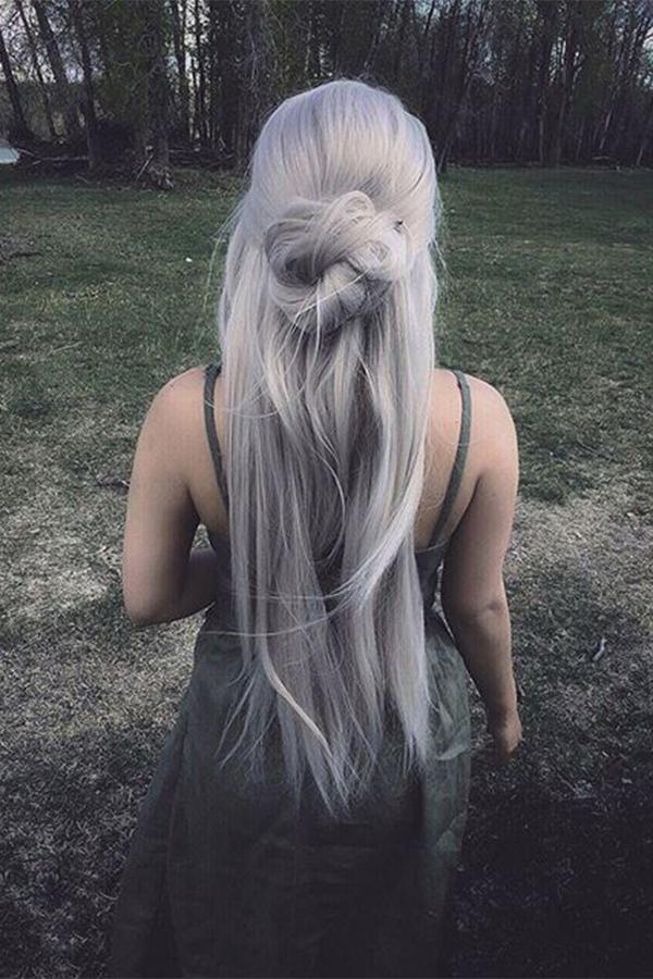 30" Silver Grey Yaki Lace Front Synthetic Wig 10017