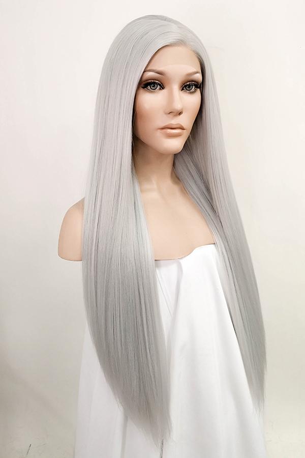 30" Silver Grey Yaki Lace Front Synthetic Wig 10017