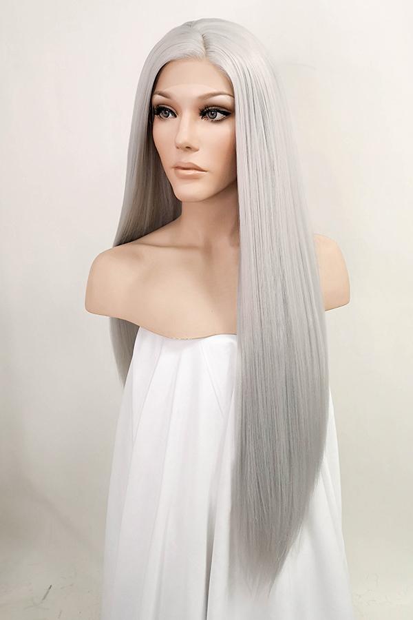 30" Silver Grey Yaki Lace Front Synthetic Wig 10017
